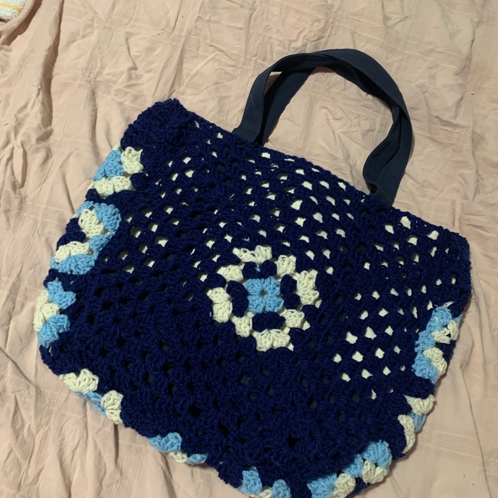 Handmade Blue Crochet Tote Bag - Picture 2 of 5